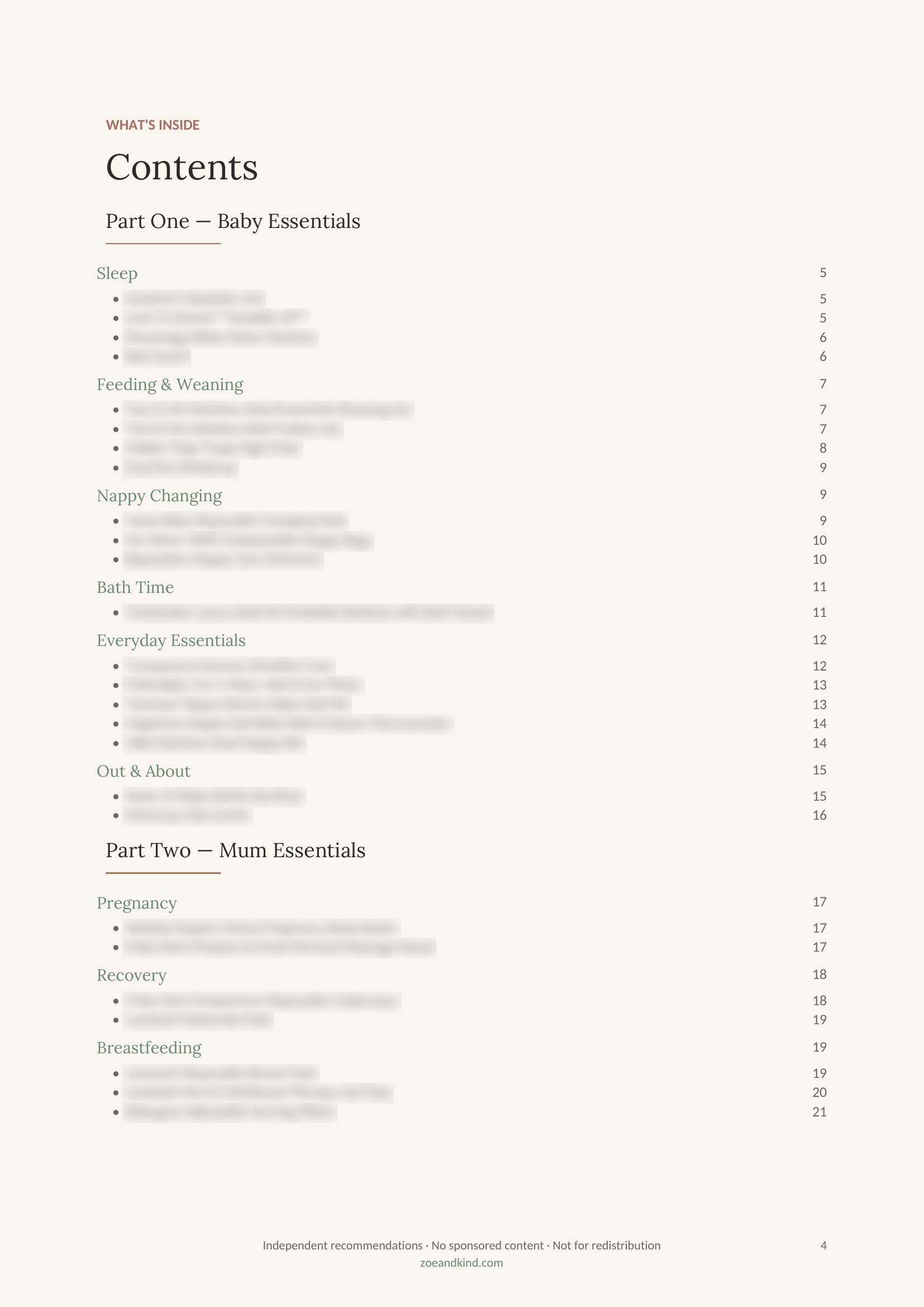 Contents page of The Zoe & Kind Essentials